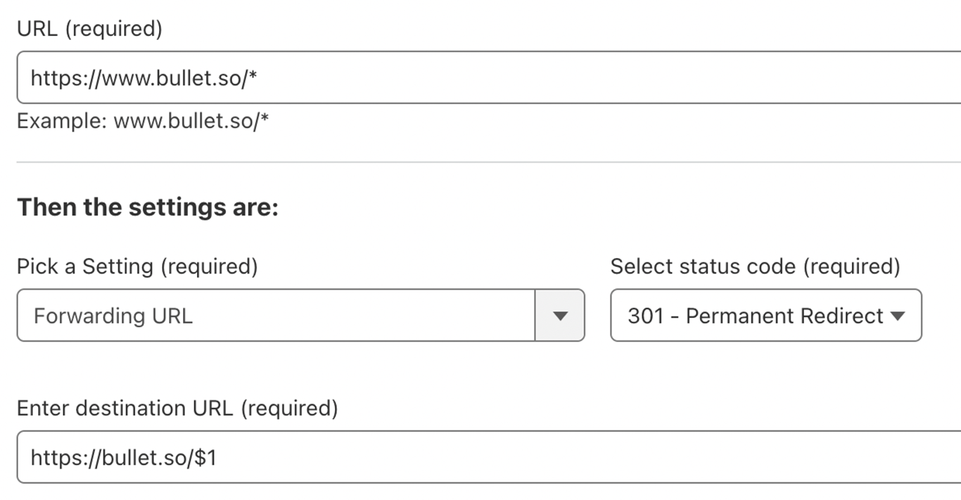 This is an example of how we’ve set redirect from www to apex domain for our own bullet.so website